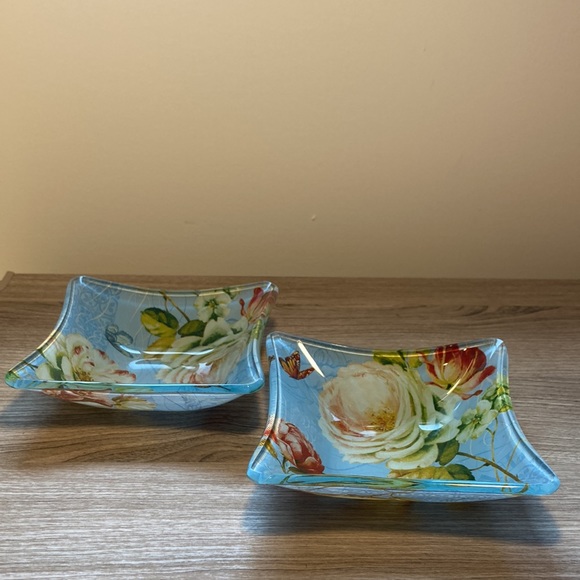 Lisa Audit square (2) glass bowls butterflies pivoine - Picture 2 of 13